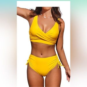 Women's High Waisted Bikini Twist Front Tie Back 2 Piece Swimsuits; yellow